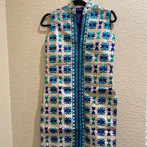 Raw silk tunic and pants with embroidery.